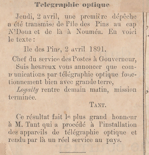 Dépêche annonçant l'installation du télégraphe optique vers l'île des Pins